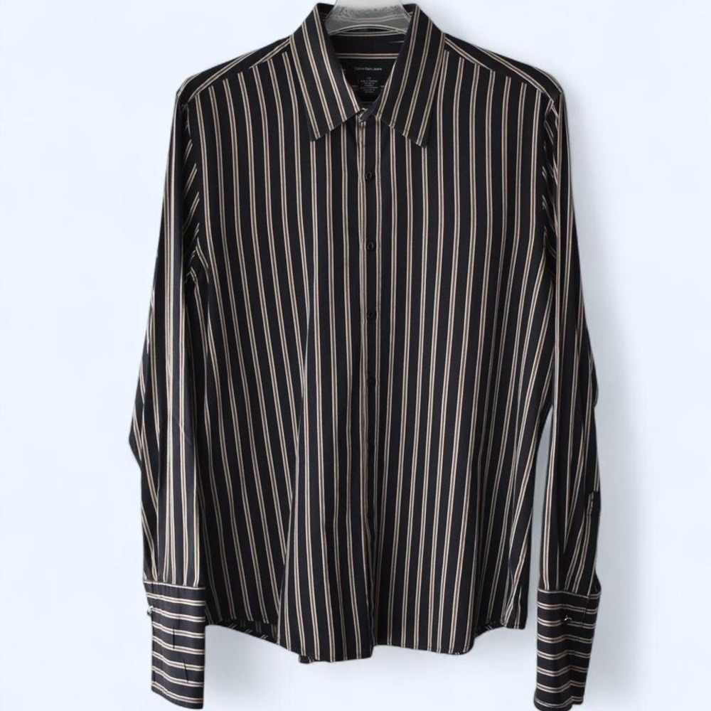 Calvin Klein Jeans Mens Black Stripe Dress Shirt Long Sleeve‎ Button Up